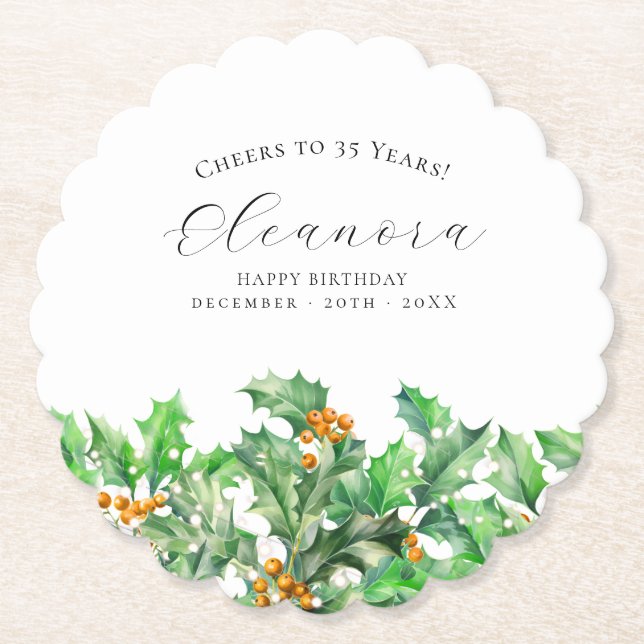 35th Birthday December Birth Flower Holly Custom Paper Coaster (Front)