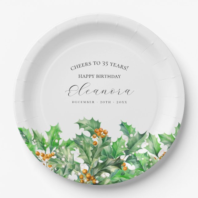 35th Birthday December Birth Flower Holly Custom Paper Plate (Front)