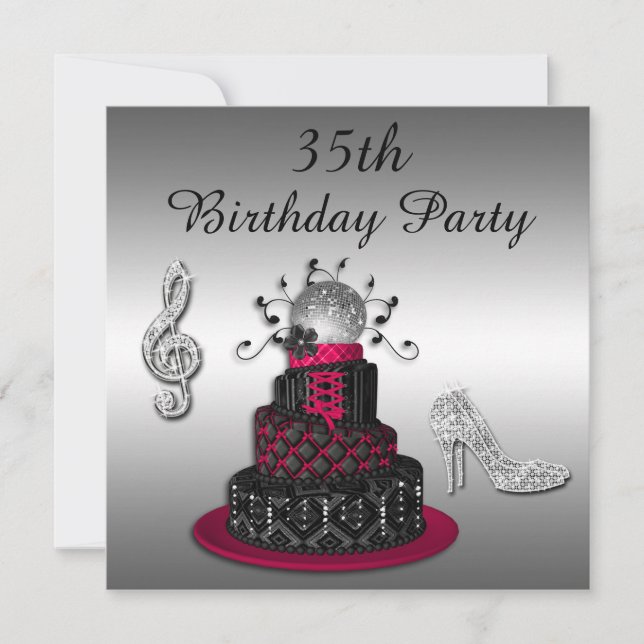 35th Birthday Disco Diva Cake and Sparkle Heels Invitation (Front)