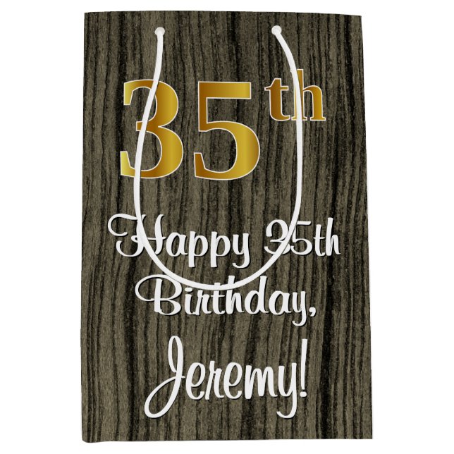 35th Birthday: Elegant Faux Gold Look #, Faux Wood Medium Gift Bag (Front)