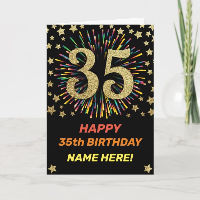 35th Birthday Fireworks Rainbow Gold Fun Card (Front)