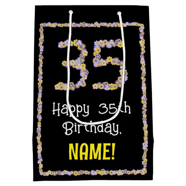 35th Birthday: Floral Flowers Number, Custom Name Medium Gift Bag (Back)