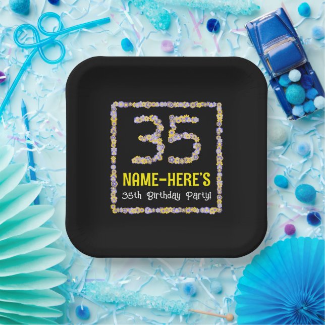 35th Birthday: Floral Flowers Number, Custom Name Paper Plate (Party)
