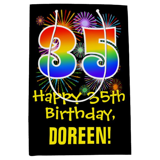 35th Birthday: Fun Fireworks Pattern + Rainbow 35 Medium Gift Bag (Front)