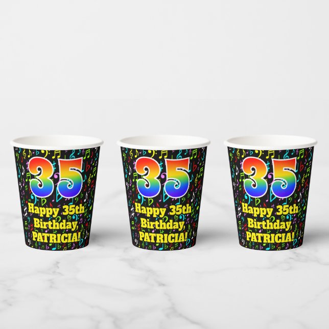 35th Birthday: Fun Music Notes Pattern, Rainbow 35 Paper Cups (Multi)