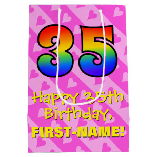 35th Birthday: Fun Pink Hearts Stripes; Rainbow 35 Medium Gift Bag