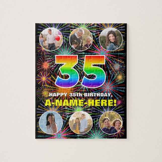 35th Birthday: Fun Rainbow #, Custom Name + Photos Jigsaw Puzzle (Vertical)