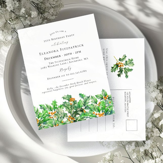 35th Birthday Holly December Birth Month Flower\ Invitation Postcard (Creator Uploaded)