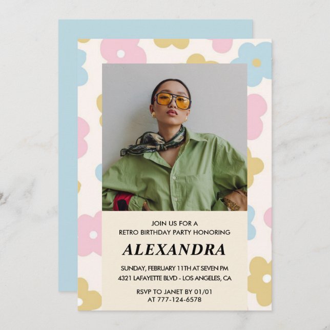 35th birthday invitation Retro Groovy Flowers Cute (Front/Back)