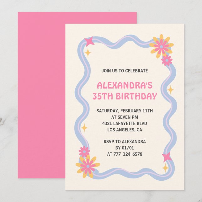 35th birthday invitation Retro Groovy Pink Flowers (Front/Back)