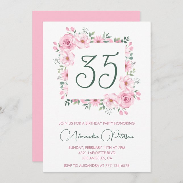 35th birthday invitations Floral Elegant Pink (Front/Back)