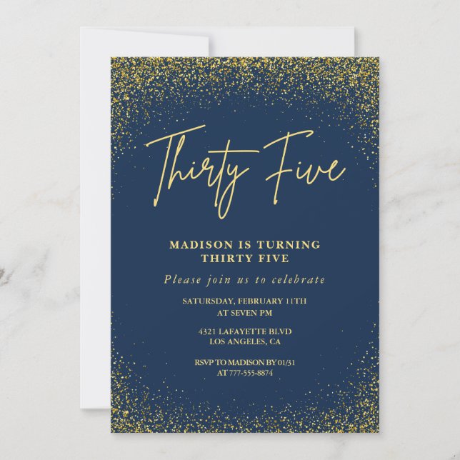 35th birthday invitations Gold Navy Glitter (Front)