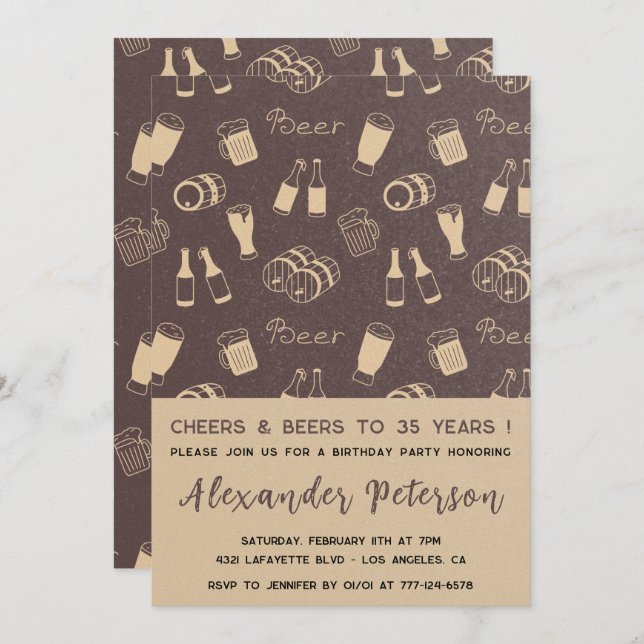 35th birthday invitations Men Beer Pattern Rustic (Front/Back)