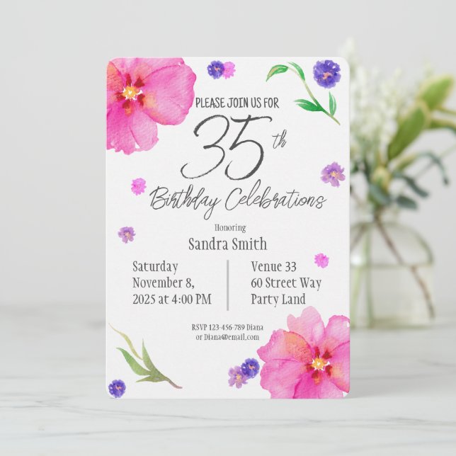 35th Birthday Invite | Floral Watercolor Design (Standing Front)