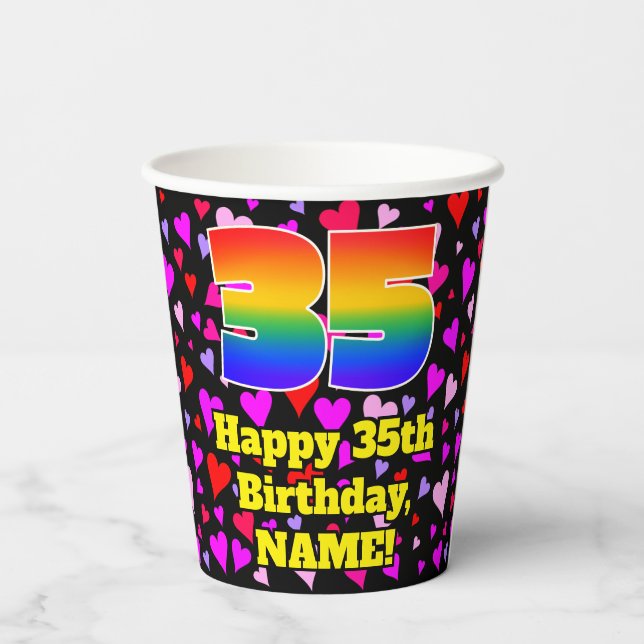 35th Birthday: Loving Hearts Pattern, Rainbow 35 Paper Cups (Back)