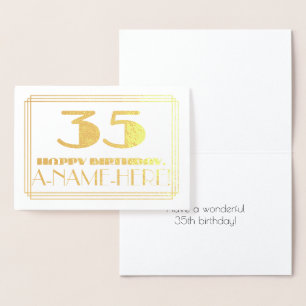 35th Birthday; Name + Art Deco Inspired Look "35" Foil Card