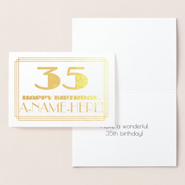 35th Birthday; Name + Art Deco Inspired Look "35" Foil Card (Display)