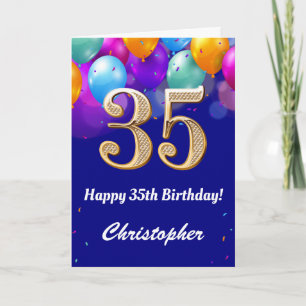 35th Birthday Navy Blue and Gold Colourful Balloon Card