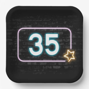 35th Birthday Neon Sign On Brick Paper Plate