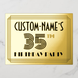 35th Birthday Party ~ Art Deco Style “35” + Name Foil Invitation Postcard