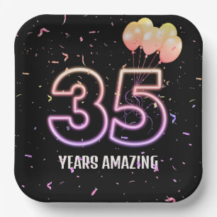35th Birthday Party Balloons and Confetti Paper Plate