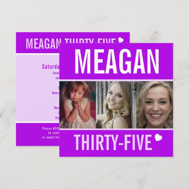 35th birthday party event celebration photo purple invitation (Front/Back)
