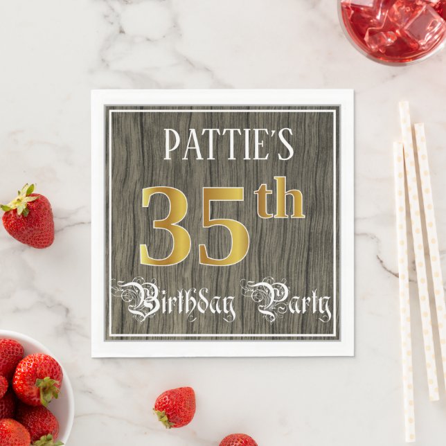 35th Birthday Party — Faux Gold & Faux Wood Looks Napkin (Insitu)