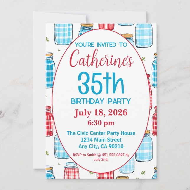 35th Birthday Party Invitation, Mason Jar Pattern Invitation (Front)