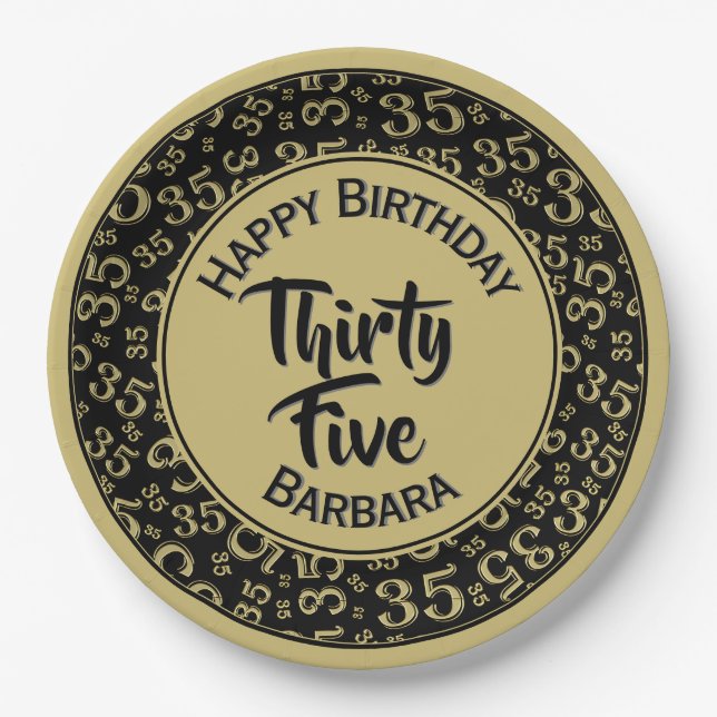 35th Birthday Party Number Pattern Black/Gold Paper Plate (Front)