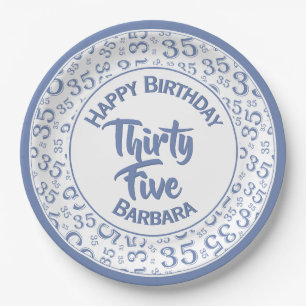 35th Birthday Party Number Pattern Blue/White Paper Plate