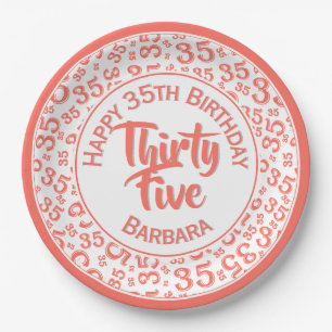 35th Birthday Party Number Pattern Coral/White Paper Plate