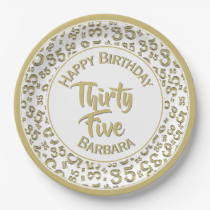 35th Birthday Party Number Pattern Gold/White Paper Plate