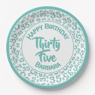 35th Birthday Party Number Pattern Teal/White Paper Plate