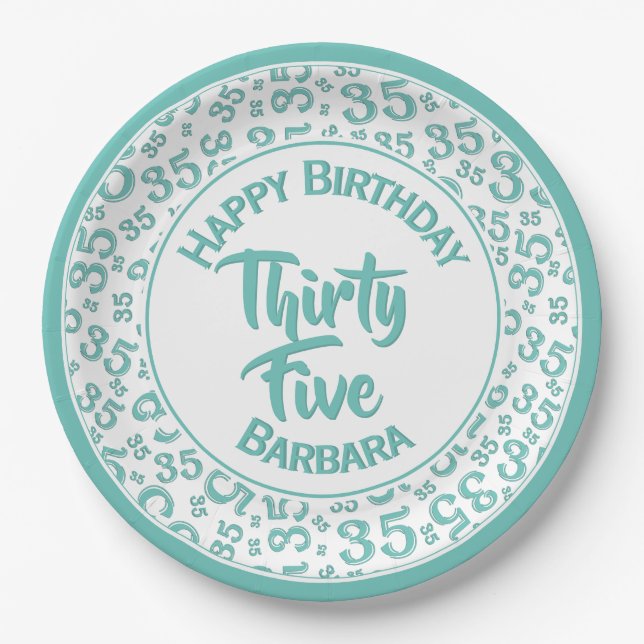 35th Birthday Party Number Pattern Teal/White Paper Plate (Front)