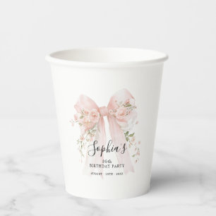 35th Birthday Party Pink Bow with Roses Custom Paper Cups