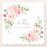 35th Birthday Party Pink Floral Custom Paper Coaster<br><div class="desc">A beautiful and feminine custom paper coaster to celebrate a 35th birthday in elegant style. This floral design is bordered with a frame of charming pink peonies and greenery.</div>
