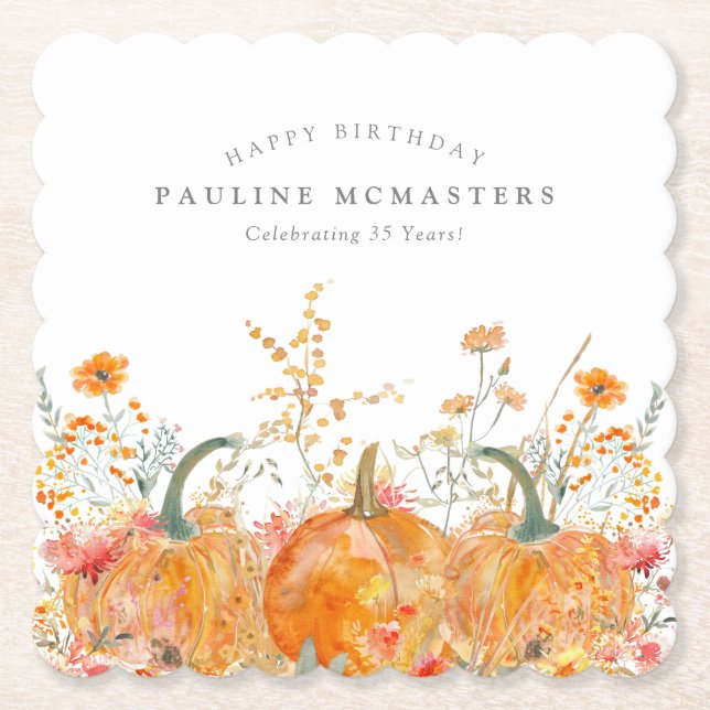 35th Birthday Party Pumpkin Wildflower Custom Paper Coaster (Front)
