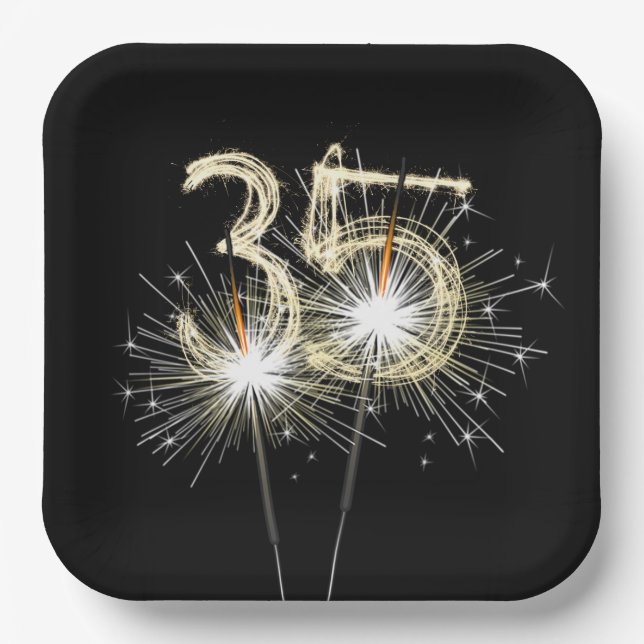 35th Birthday Party Sparklers on Black  Paper Plate (Front)