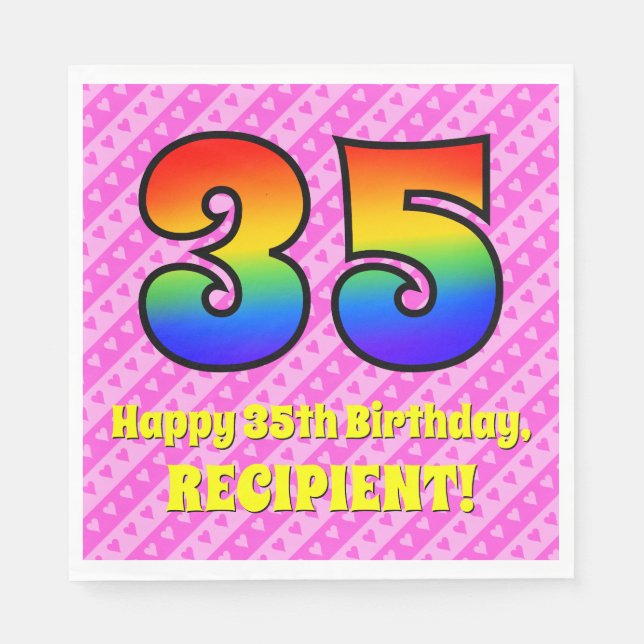 35th Birthday: Pink Stripes & Hearts, Rainbow # 35 Napkin (Front)