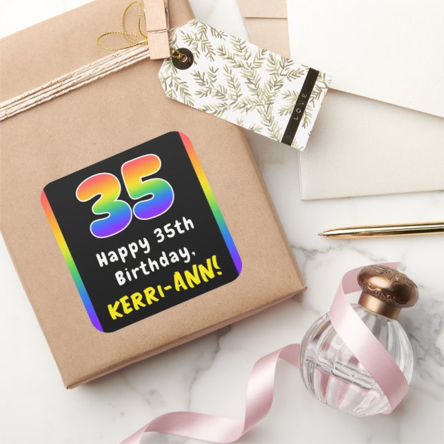 35th Birthday: Rainbow Spectrum # 35, Custom Name Square Sticker (Gifting)
