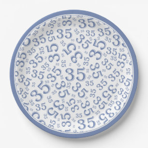 35th Birthday Random Number Pattern Blue/White Paper Plate