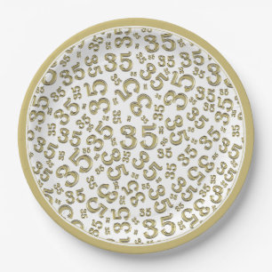 35th Birthday Random Number Pattern Gold/White Paper Plate