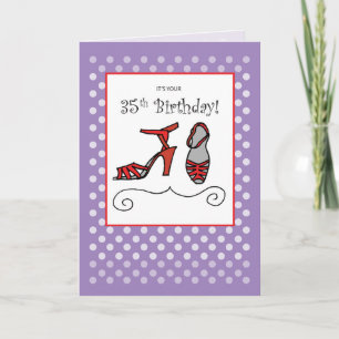 35th Birthday Red Shoes Purple Dotted Background Card