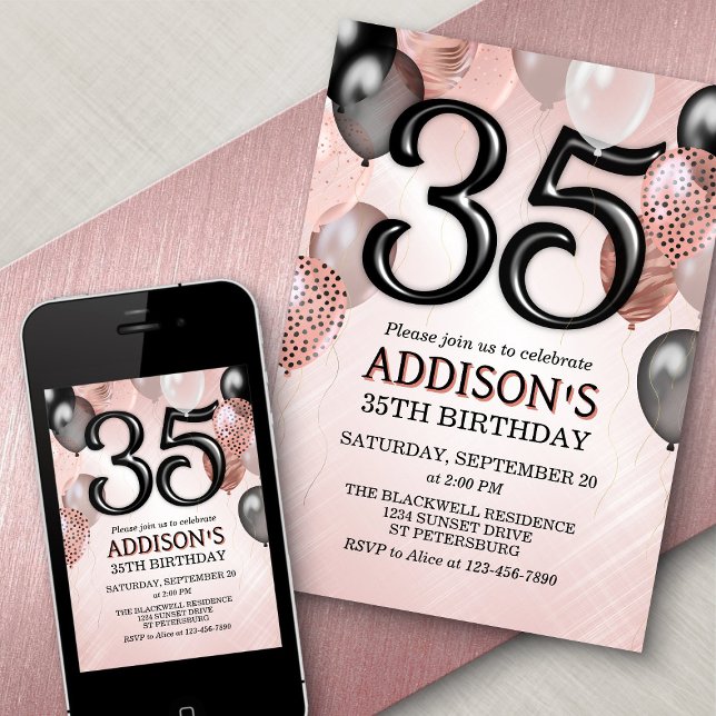 35th Birthday Rose Gold Balloons Invitation (Creator Uploaded)