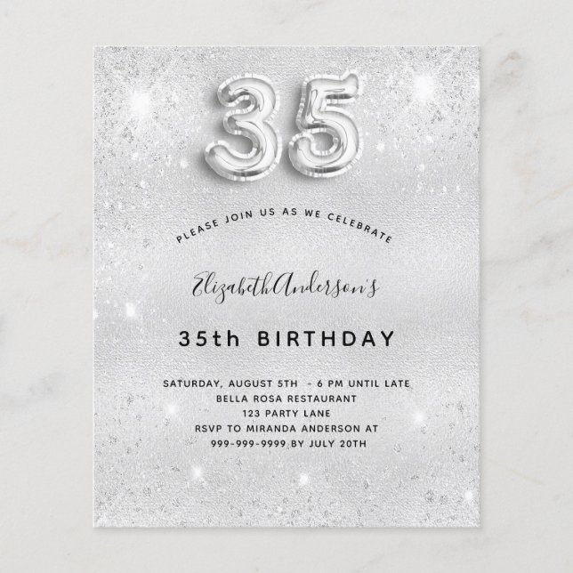 35th birthday silver glitter budget invitation flyer (Front)