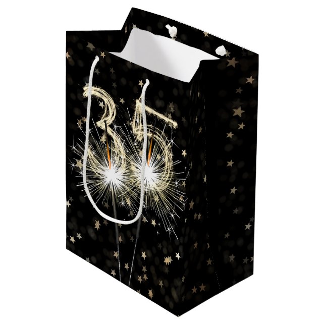 35th Birthday Sparklers on Black With Stars Medium Gift Bag (Front Angled)