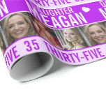 35th birthday three photos purple daughter wrapping paper<br><div class="desc">Graphic purple,  lilac,  and white with a little white heart 35th daughter birthday wrapping paper. Bright graphic birthday wrap with three placeholders for your own photos and to customize with your own name,  age,  and inside message. Matching birthday card is also available. Unique design by Sarah Trett for www.mylittleeden.com</div>