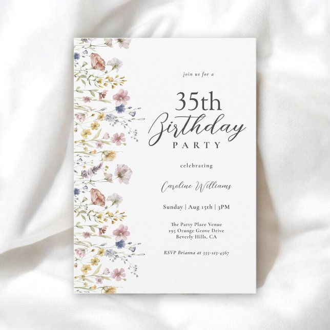 35th Birthday Watercolor Wildflowers Floral  Invitation (Available in both printed and instant download digital formats.)