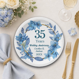 35th Blue Floral Coral Wedding Anniversary Paper Plate