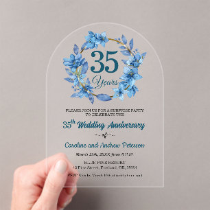 35th Blue Floral Surprise Wedding Anniversary  Acrylic Invitations